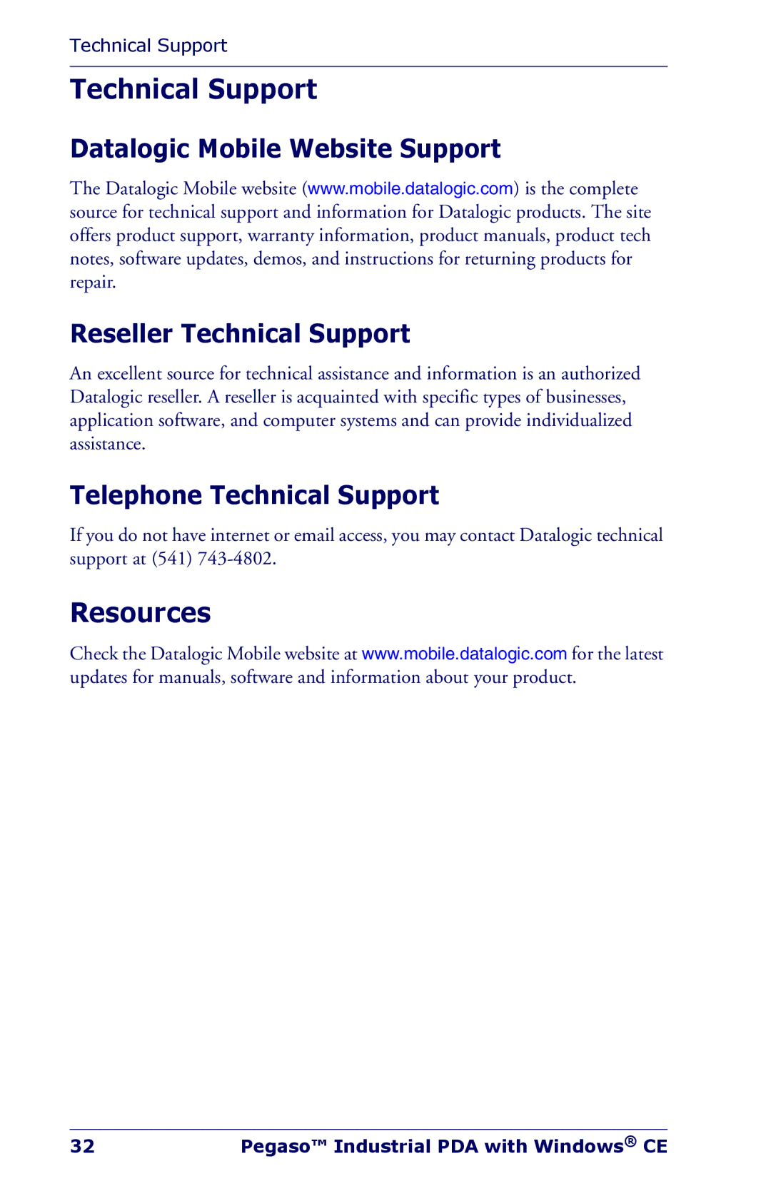 Datalogic Scanning Industrial PDA manual Resources, Telephone Technical Support 