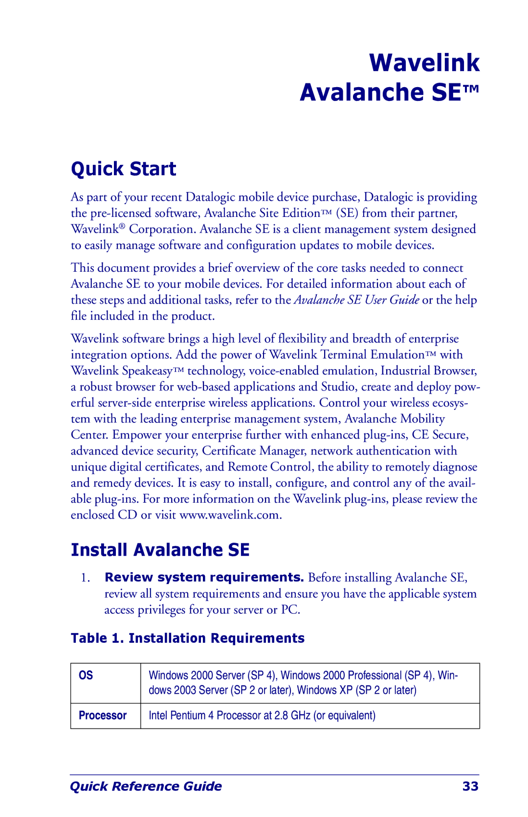 Datalogic Scanning Industrial PDA manual Quick Start, Install Avalanche SE, Installation Requirements 