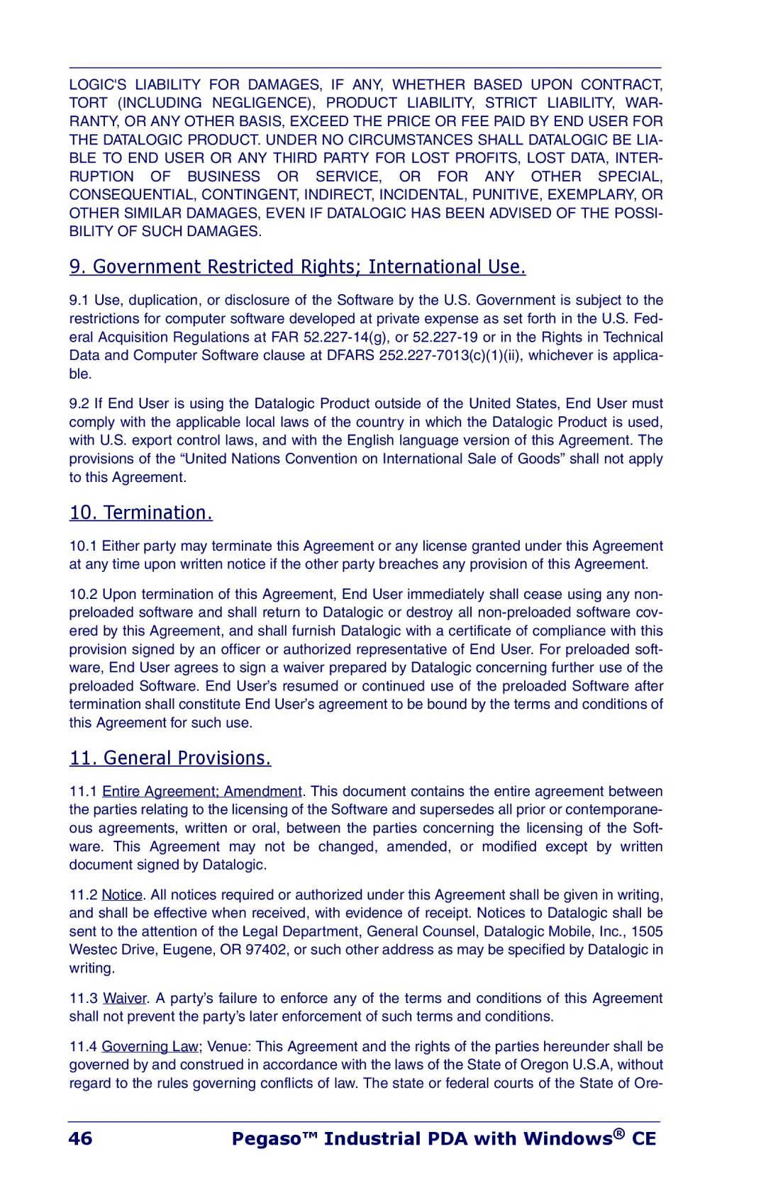 Datalogic Scanning Industrial PDA manual Government Restricted Rights International Use 