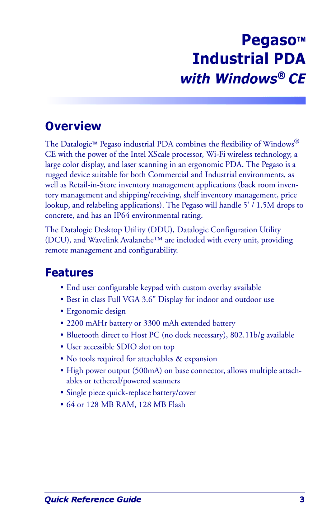 Datalogic Scanning Industrial PDA manual Overview, Features 