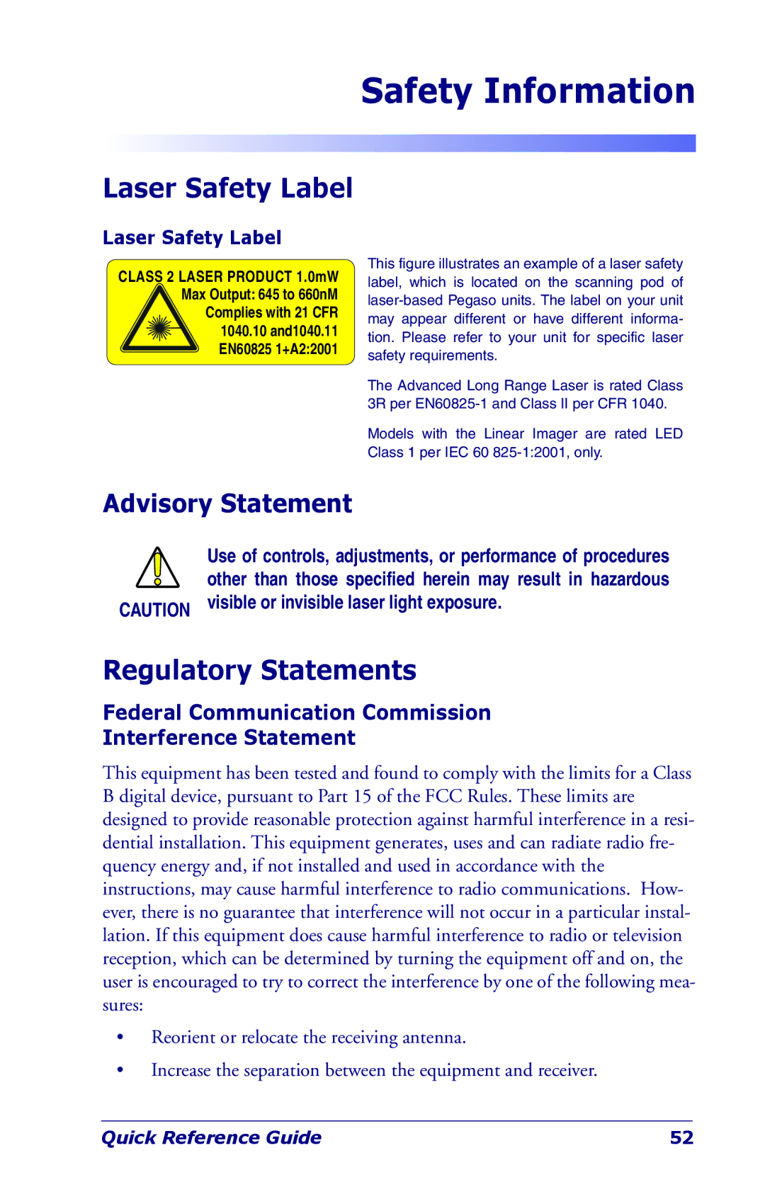 Datalogic Scanning Industrial PDA manual Regulatory Statements, Laser Safety Label, Advisory Statement 