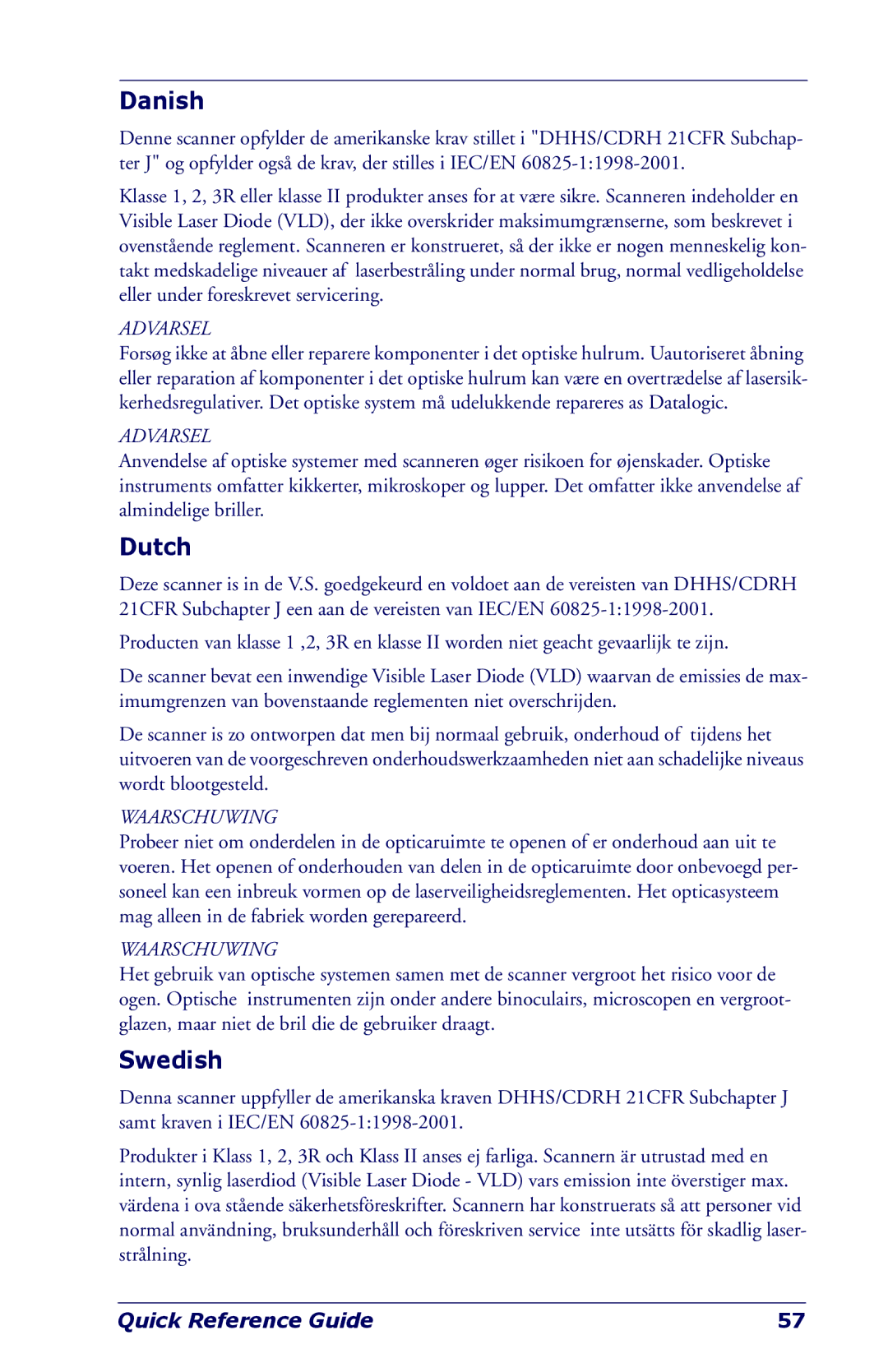 Datalogic Scanning Industrial PDA manual Danish, Dutch, Swedish 