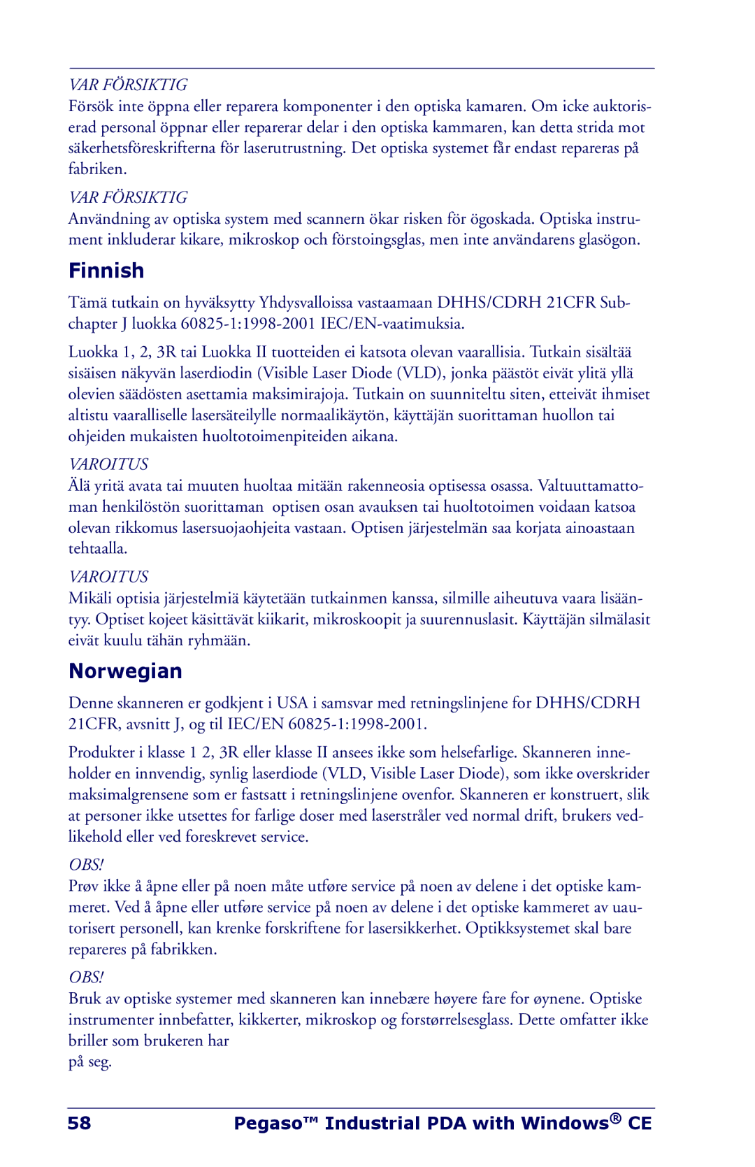 Datalogic Scanning Industrial PDA manual Finnish, Norwegian 