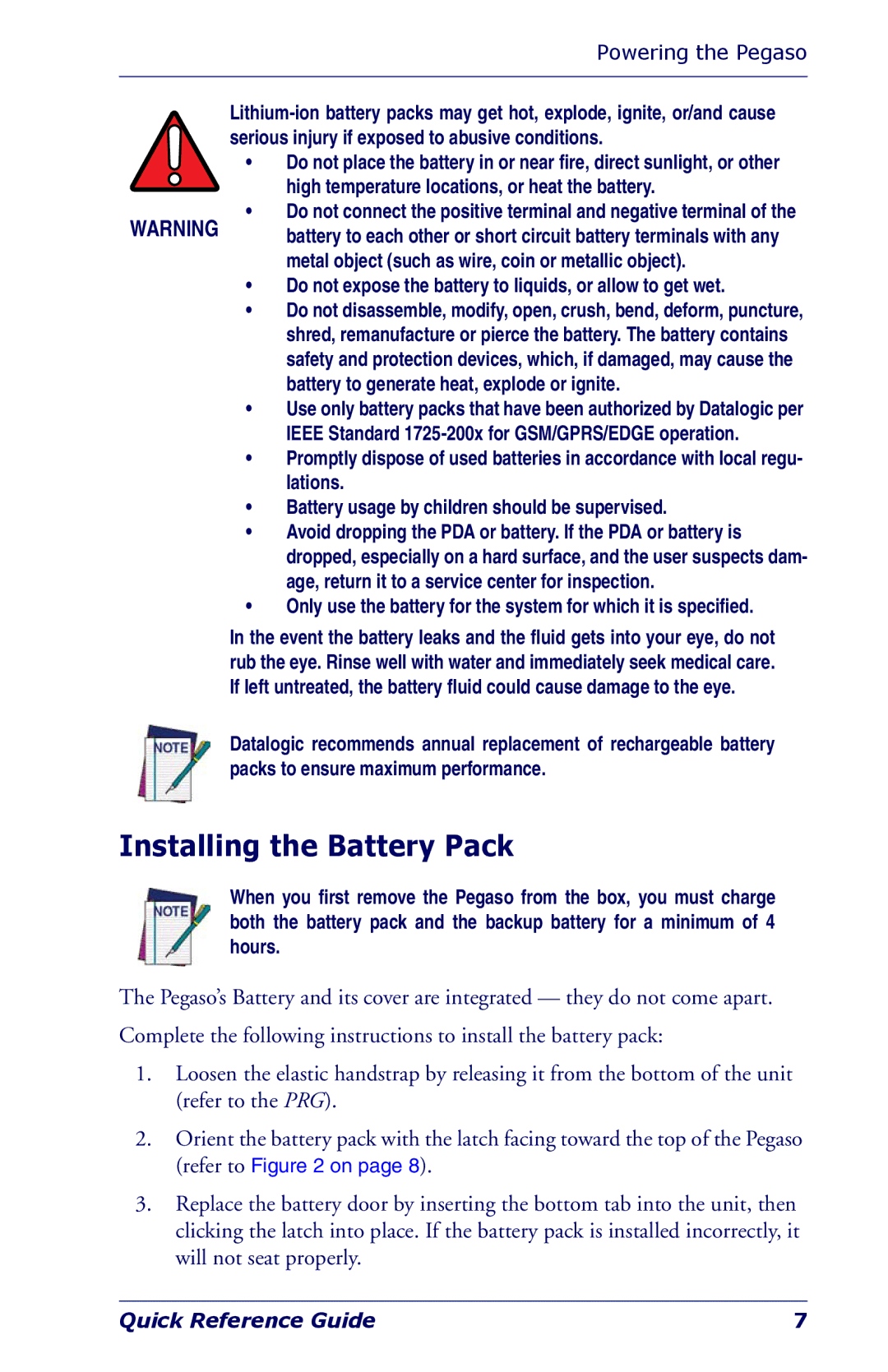 Datalogic Scanning Industrial PDA Installing the Battery Pack, Do not expose the battery to liquids, or allow to get wet 