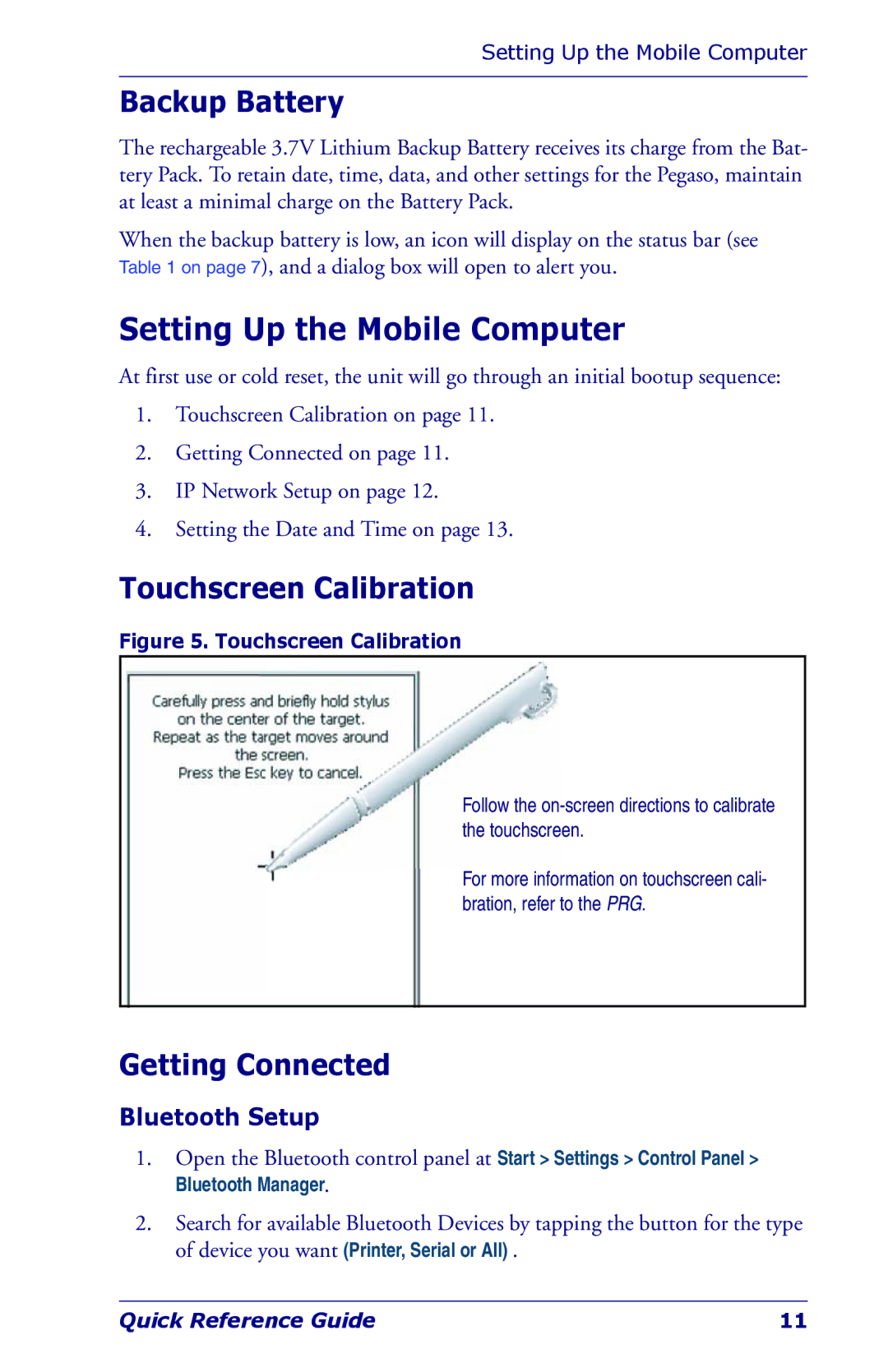 Datalogic Scanning NWGQ7 2Z78 Setting Up the Mobile Computer, Backup Battery, Touchscreen Calibration, Getting Connected 