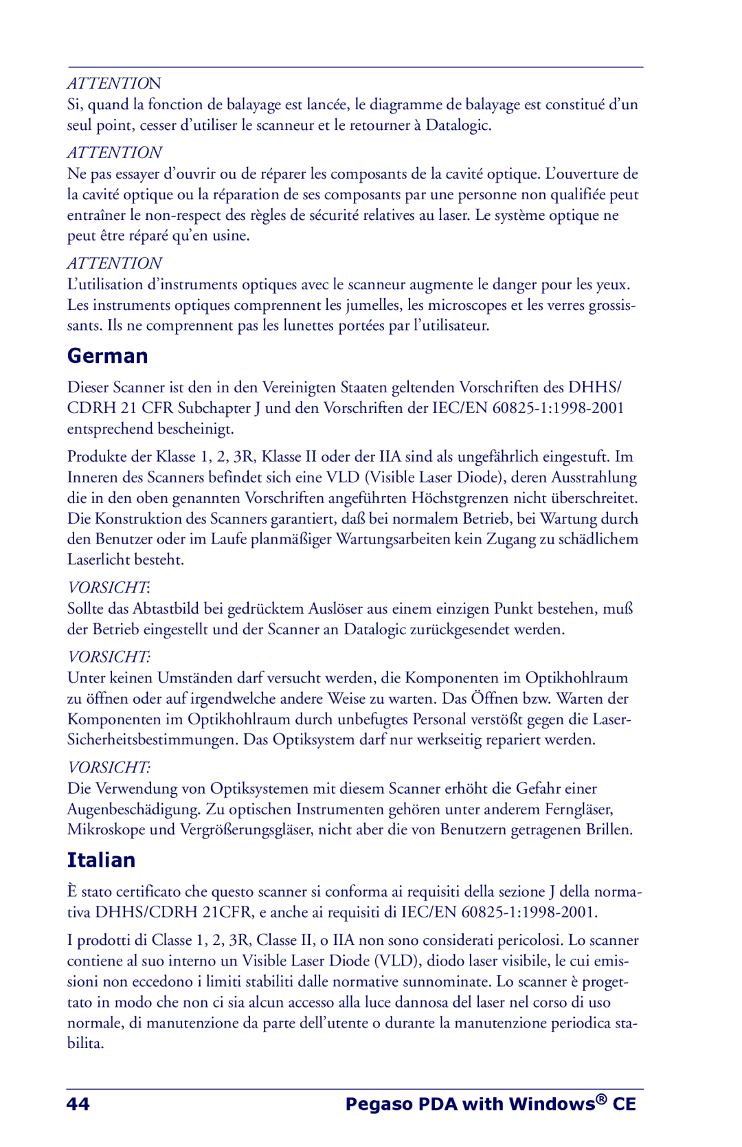 Datalogic Scanning NWGQ7 2Z78 manual German, Italian 