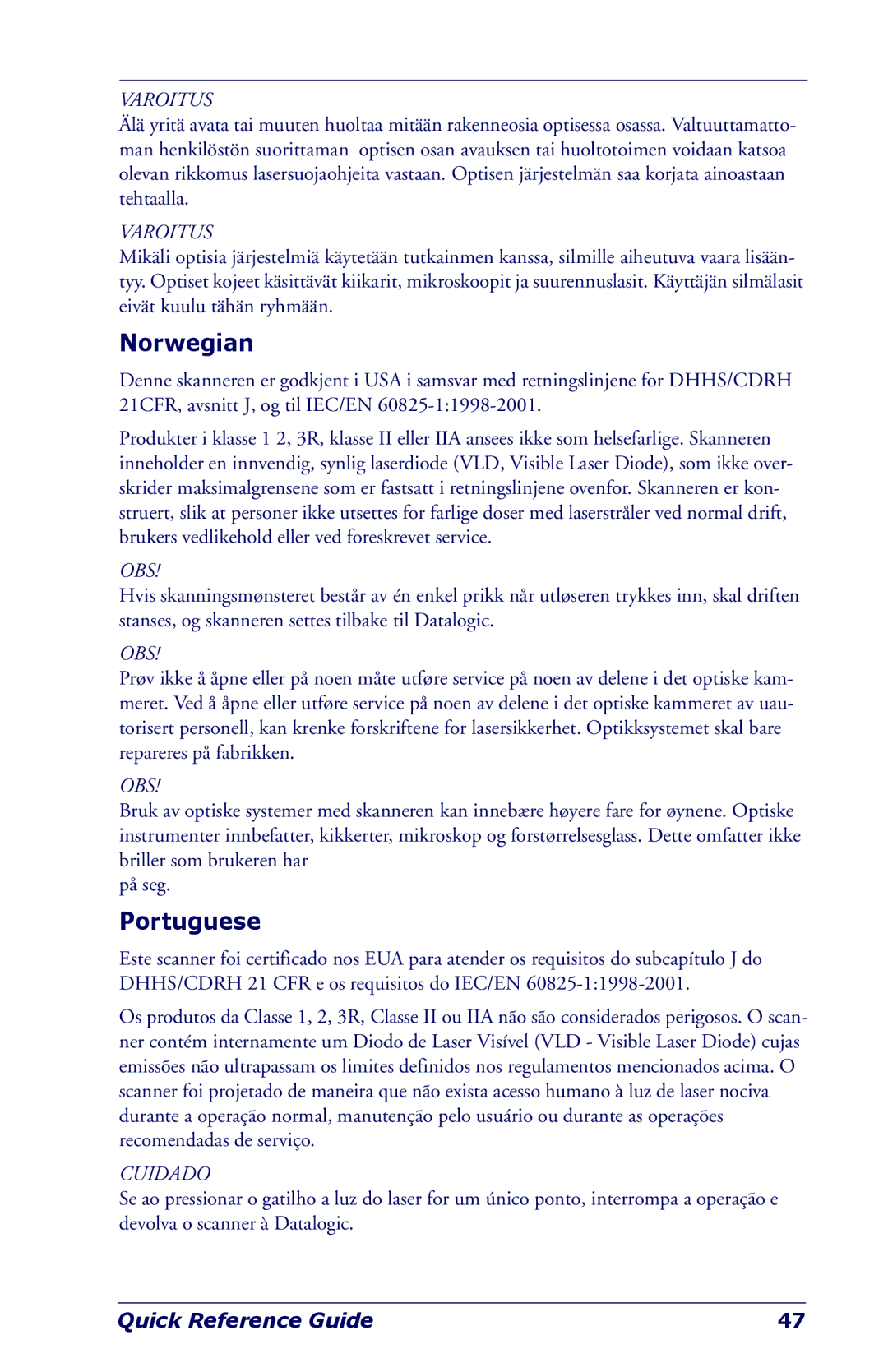 Datalogic Scanning NWGQ7 2Z78 manual Norwegian, Portuguese 