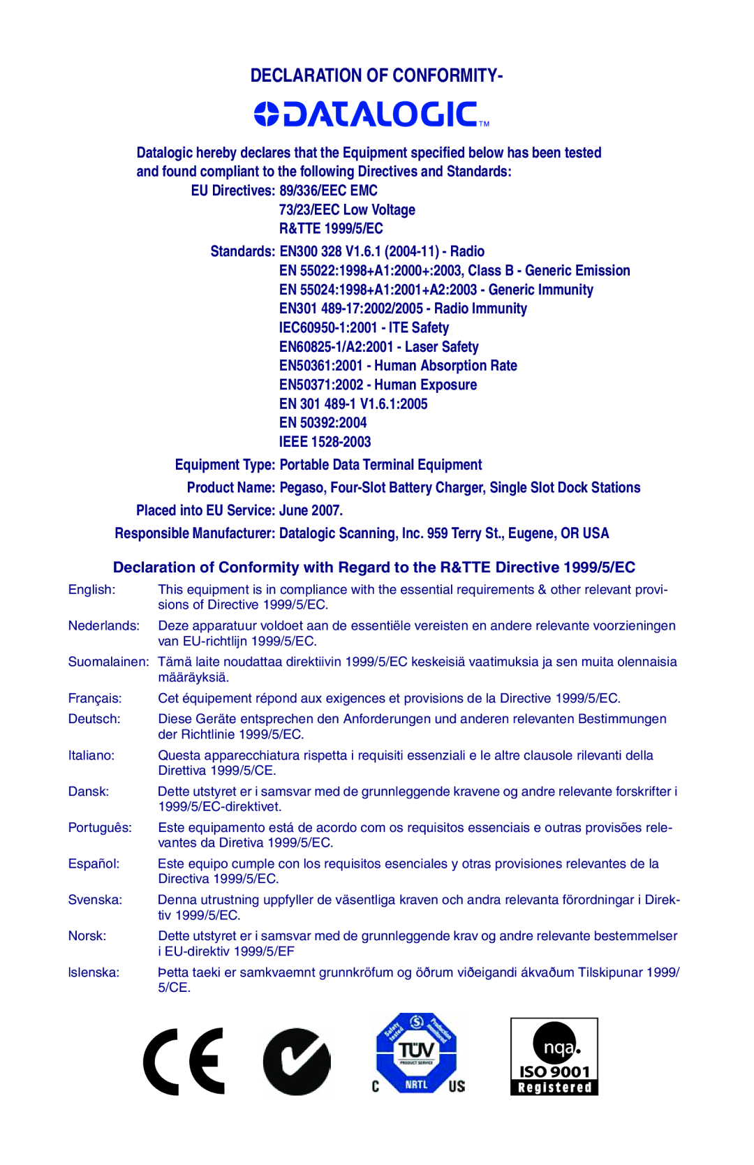 Datalogic Scanning NWGQ7 2Z78 manual Declaration of Conformity 