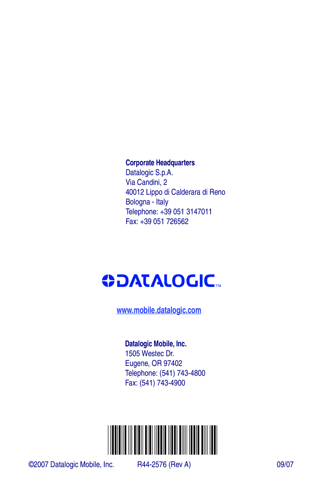 Datalogic Scanning NWGQ7 2Z78 manual Corporate Headquarters 