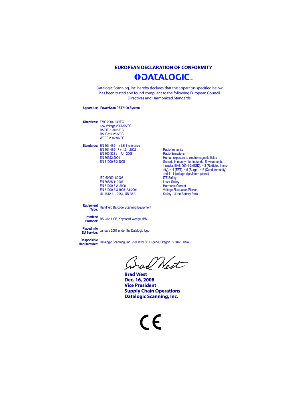 Datalogic Scanning PBT7100 manual European Declaration of Conformity 