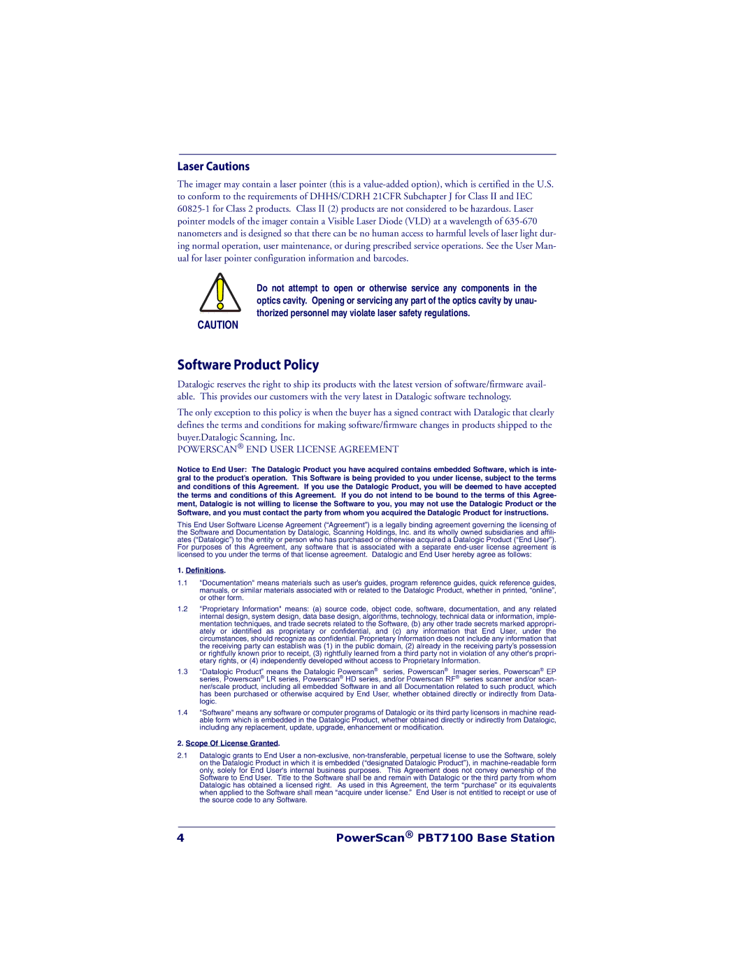 Datalogic Scanning PBT7100 manual Software Product Policy 