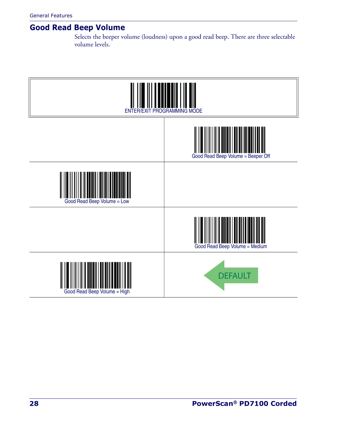 Datalogic Scanning PD7100 manual Good Read Beep Volume = High 