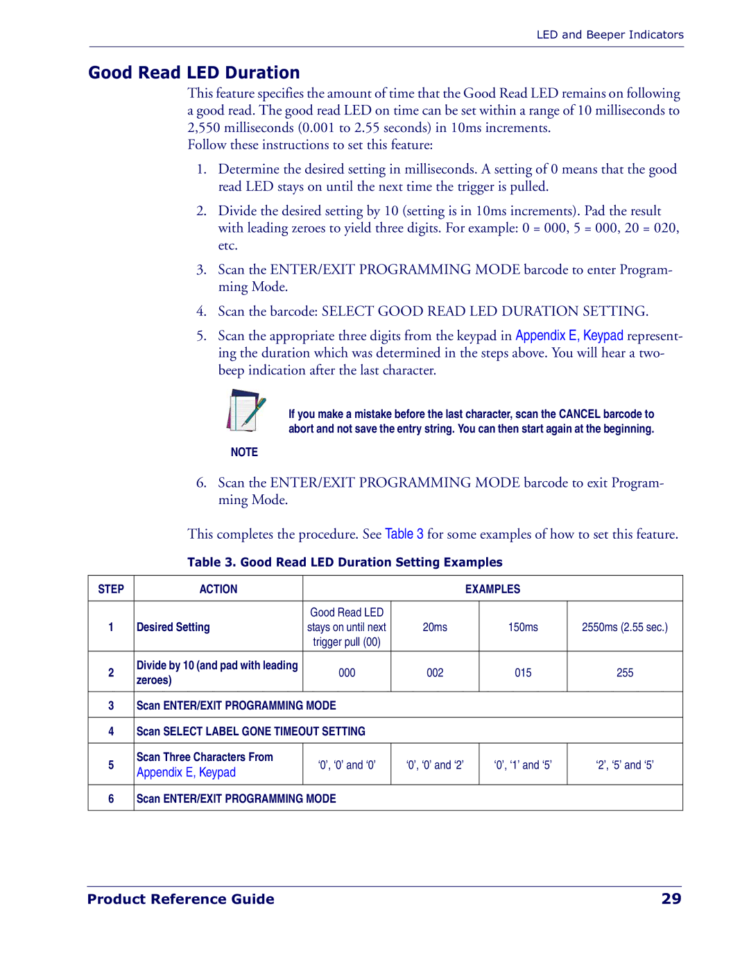 Datalogic Scanning PD7100 manual Good Read LED Duration Setting Examples, 002 015, ‘0’, ‘1’ and ‘5’ 