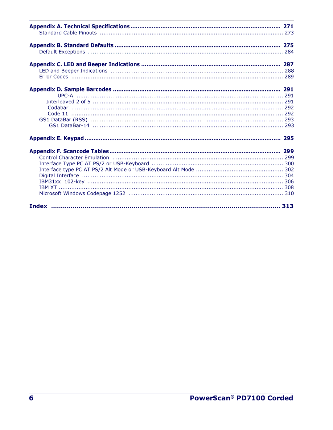 Datalogic Scanning PD7100 manual 271, 275, 287, 291, 295, 299, 313 