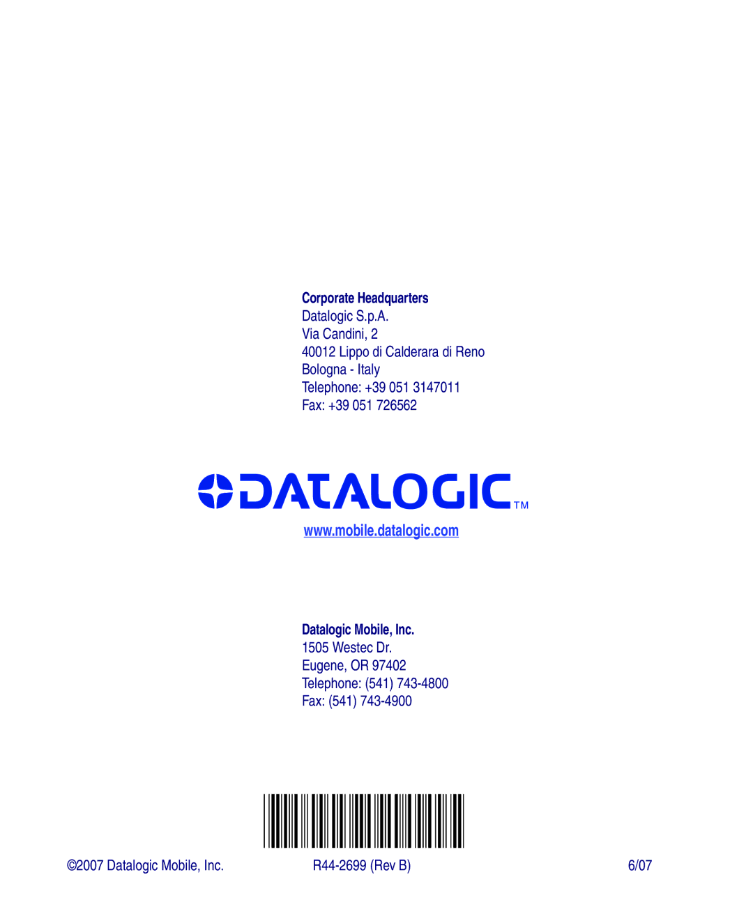 Datalogic Scanning PDA user manual Corporate Headquarters, Datalogic Mobile, Inc 