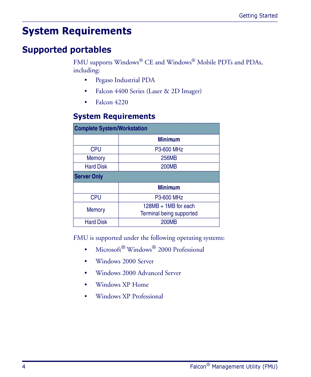 Datalogic Scanning PDA System Requirements, Supported portables, Complete System/Workstation Minimum, Server Only 