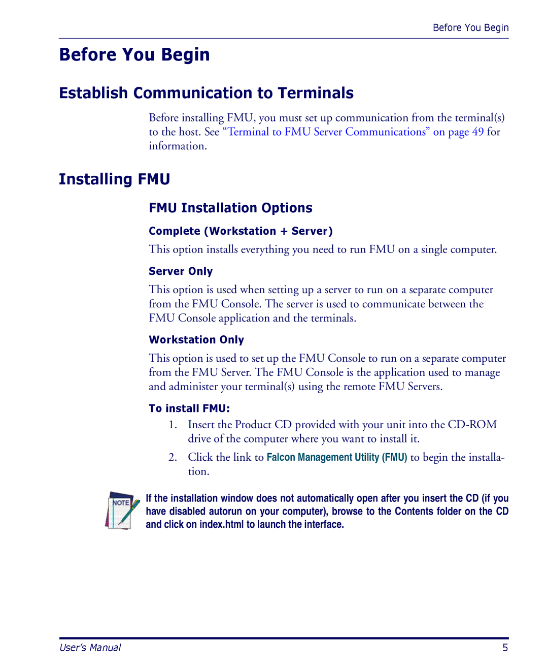 Datalogic Scanning PDA Before You Begin, Establish Communication to Terminals, Installing FMU, FMU Installation Options 