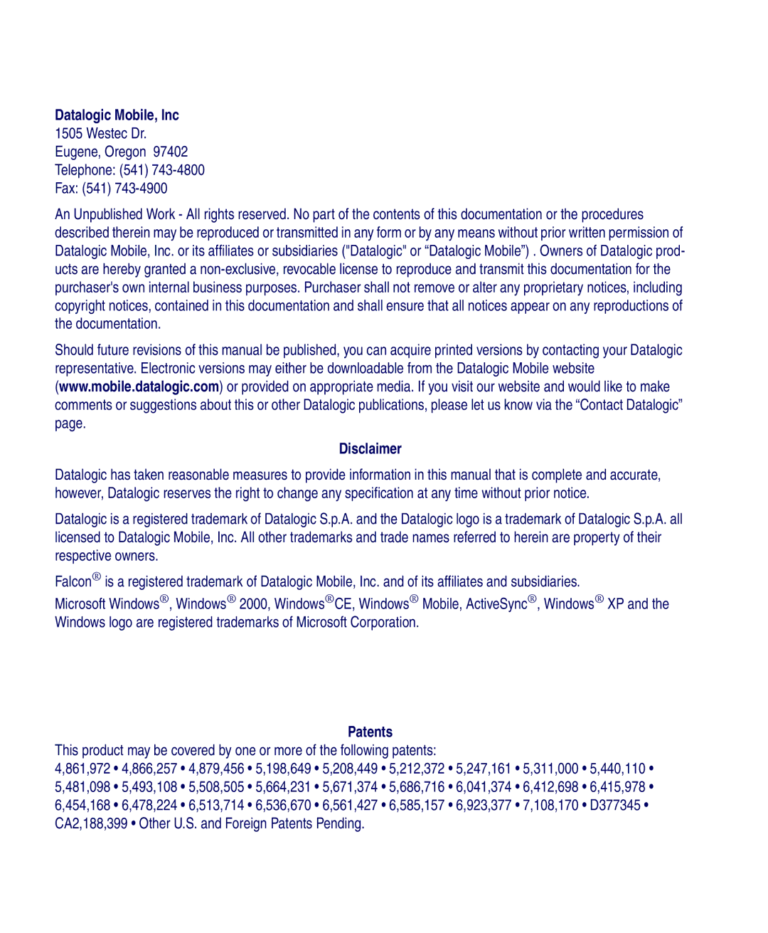 Datalogic Scanning PDA user manual Datalogic Mobile, Inc, Disclaimer, Patents 