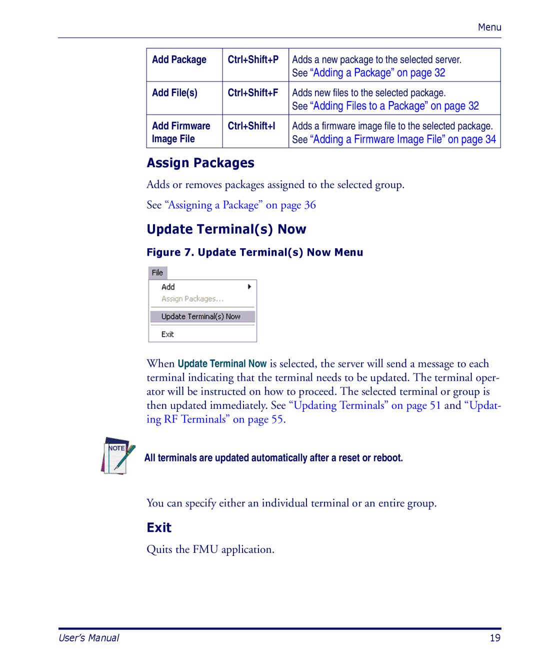 Datalogic Scanning PDA user manual Assign Packages, Update Terminals Now, Exit 