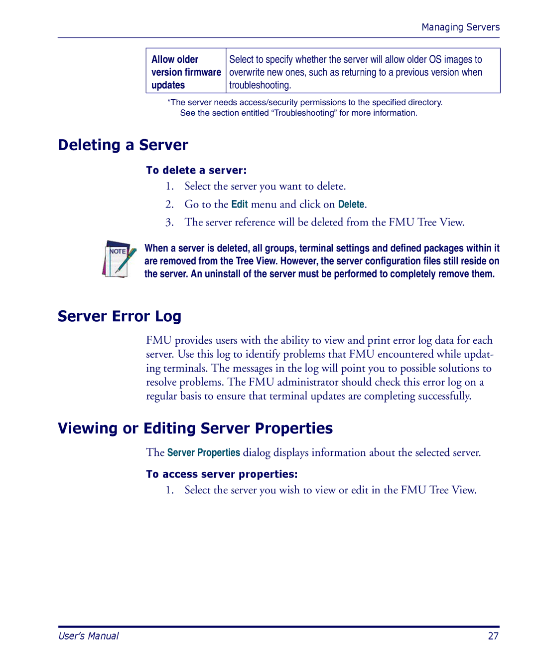 Datalogic Scanning PDA user manual Deleting a Server, Server Error Log, Viewing or Editing Server Properties 