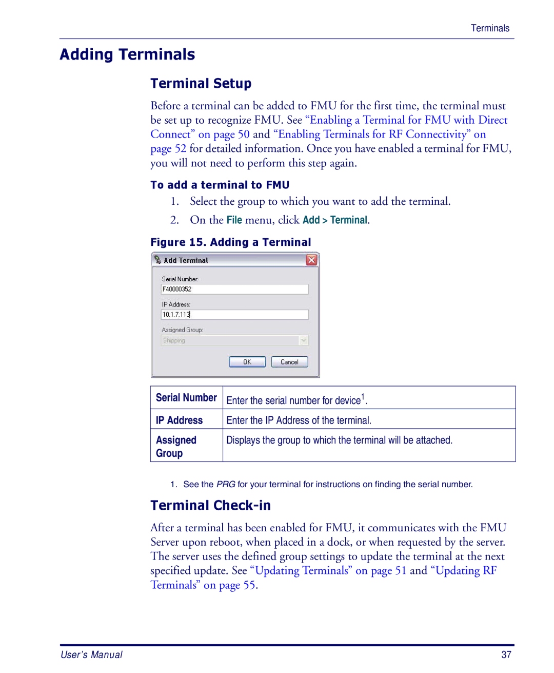 Datalogic Scanning PDA user manual Adding Terminals, Terminal Setup, Terminal Check-in, IP Address, Assigned 