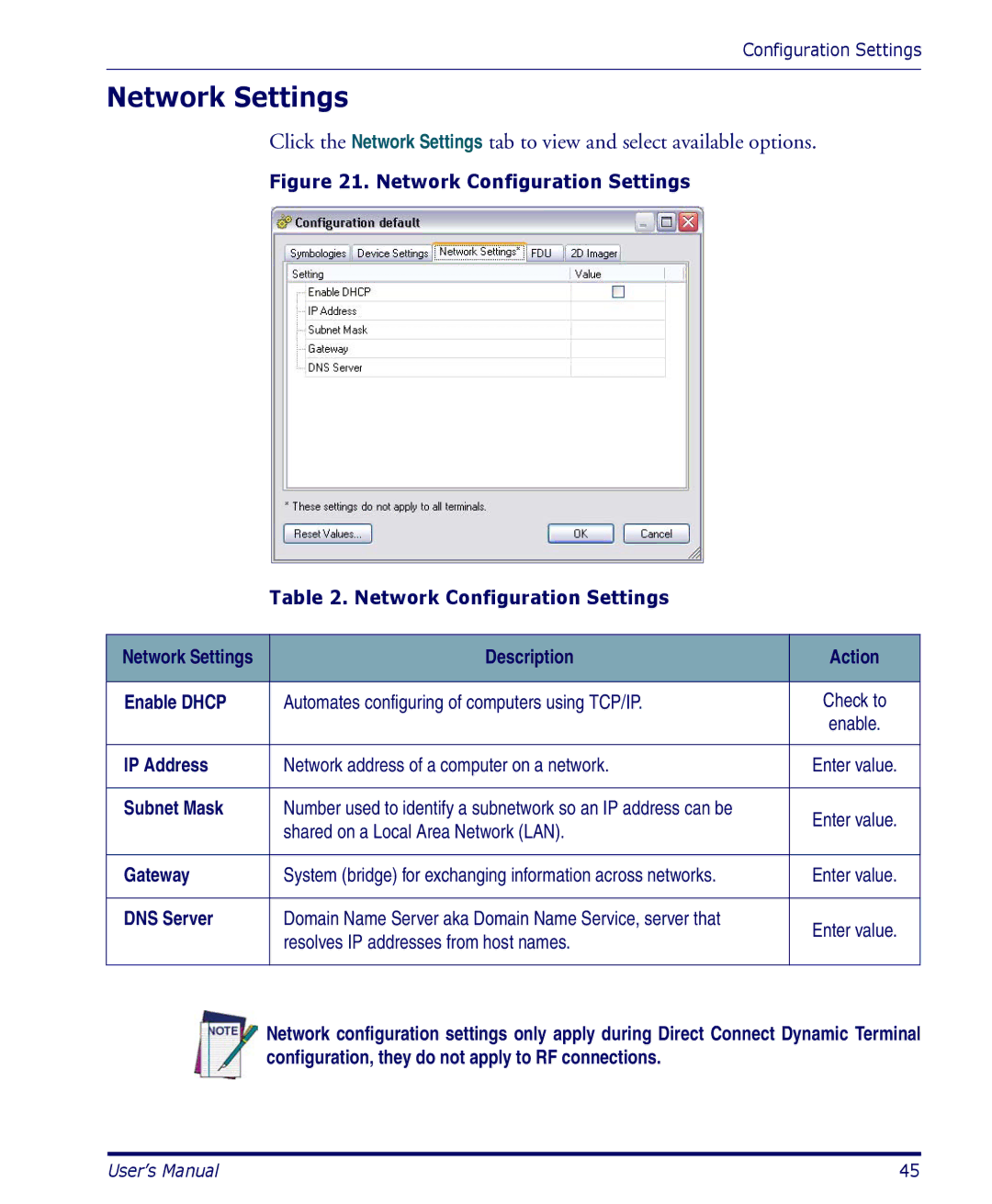 Datalogic Scanning PDA user manual Network Settings, Description Action Enable Dhcp, Subnet Mask, Gateway, DNS Server 