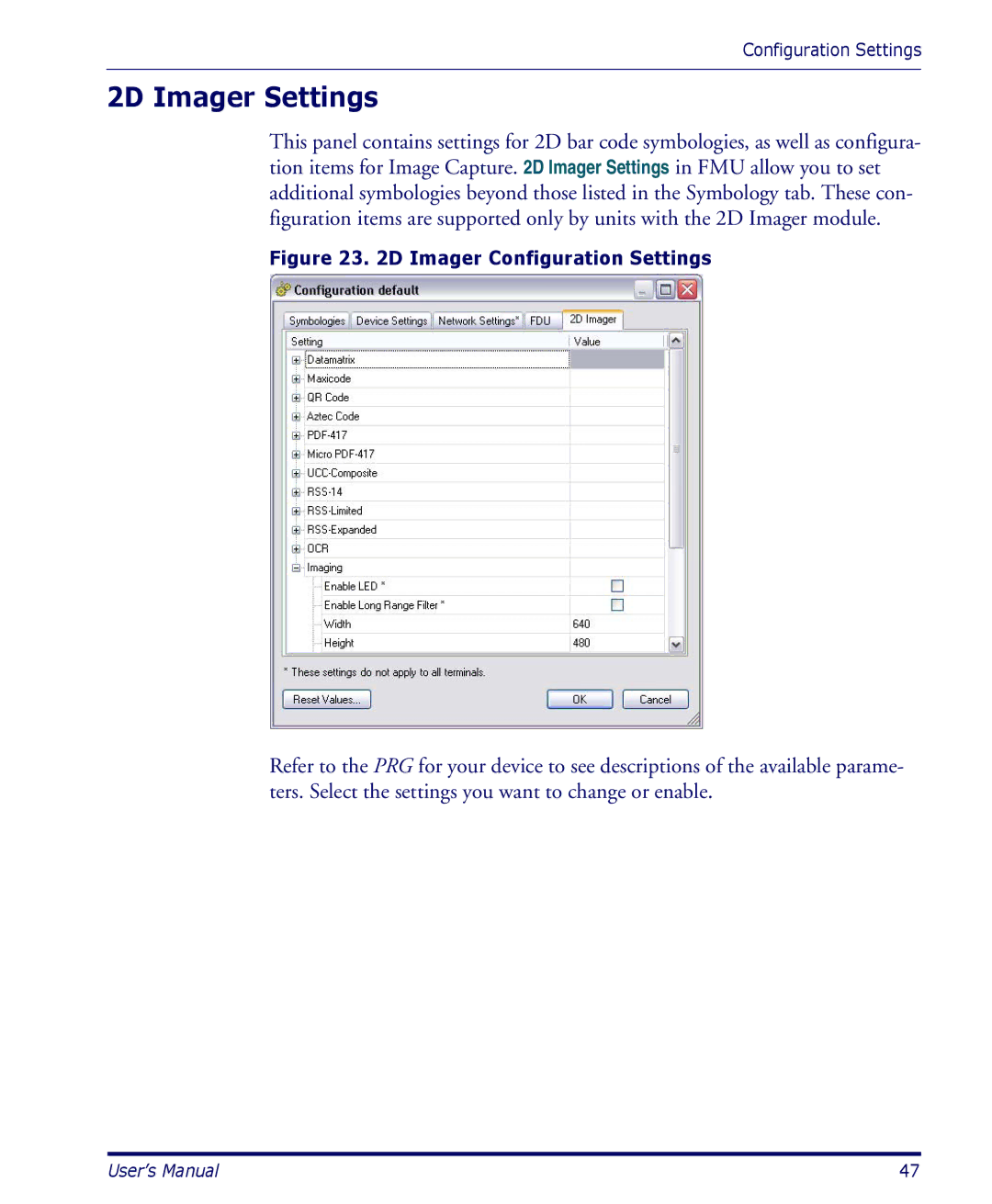 Datalogic Scanning PDA user manual 2D Imager Settings, Imager Configuration Settings 