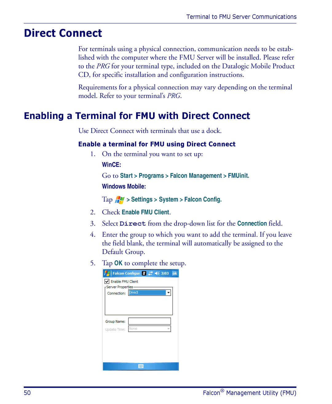 Datalogic Scanning PDA user manual Enabling a Terminal for FMU with Direct Connect, WinCE, Windows Mobile 