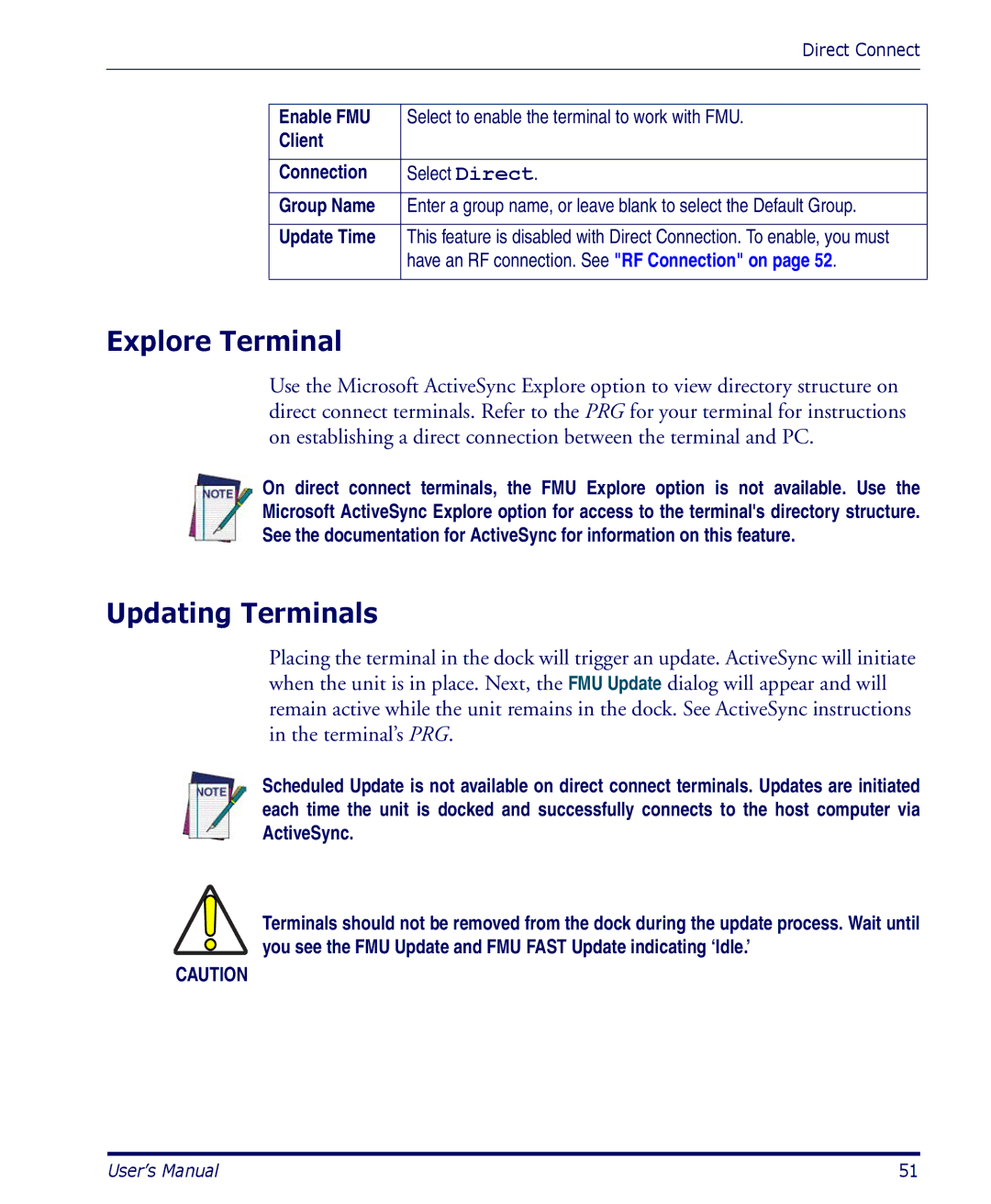 Datalogic Scanning PDA Explore Terminal, Updating Terminals, Update Time, Have an RF connection. See RF Connection on 