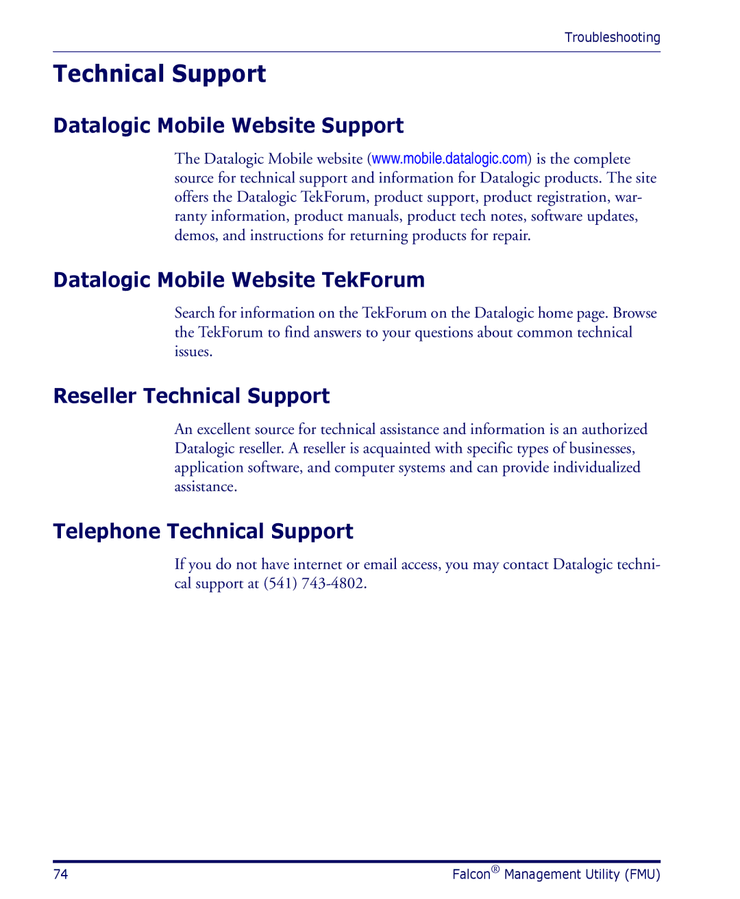 Datalogic Scanning PDA user manual Reseller Technical Support, Telephone Technical Support 