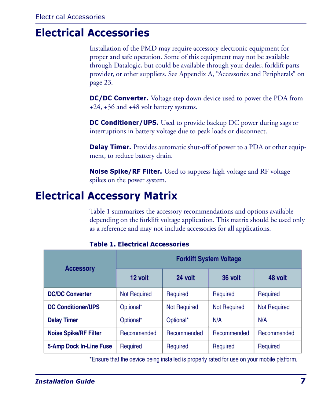 Datalogic Scanning Pegaso manual Electrical Accessories, Electrical Accessory Matrix 