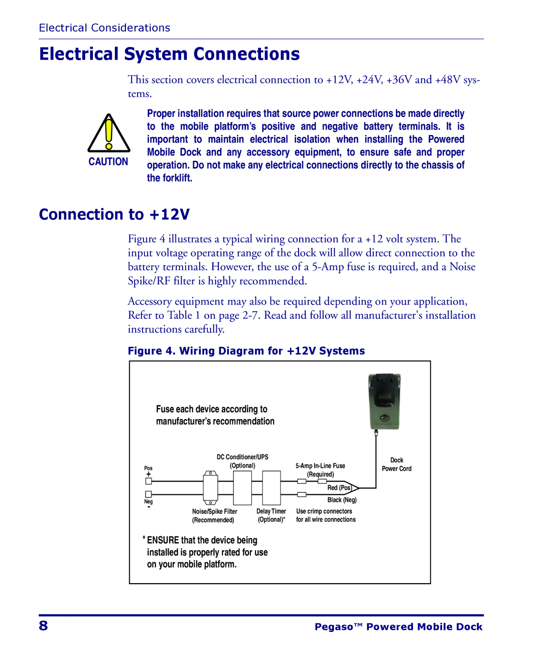 Datalogic Scanning Pegaso manual Electrical System Connections, Connection to +12V 