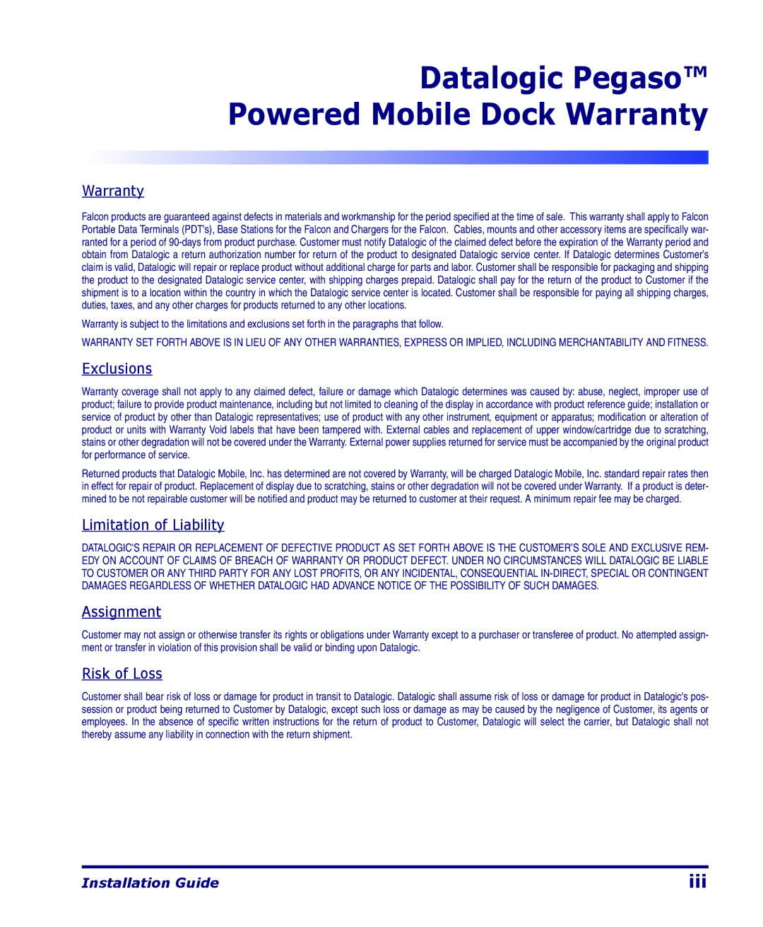 Datalogic Scanning manual Datalogic Pegaso Powered Mobile Dock Warranty 