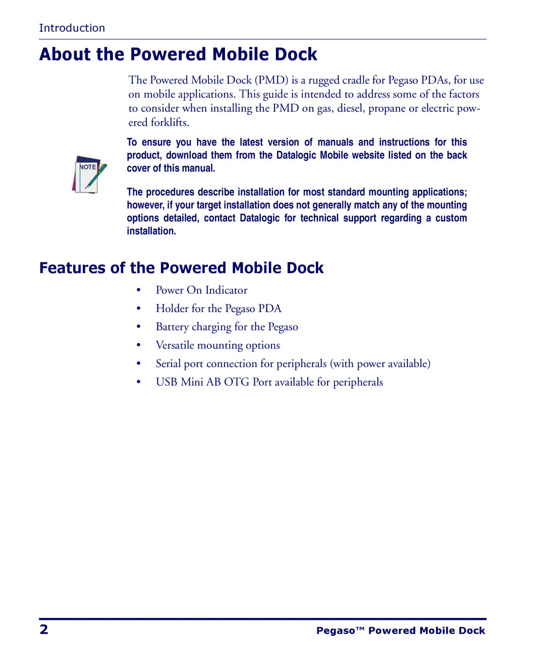 Datalogic Scanning Pegaso manual About the Powered Mobile Dock, Features of the Powered Mobile Dock 