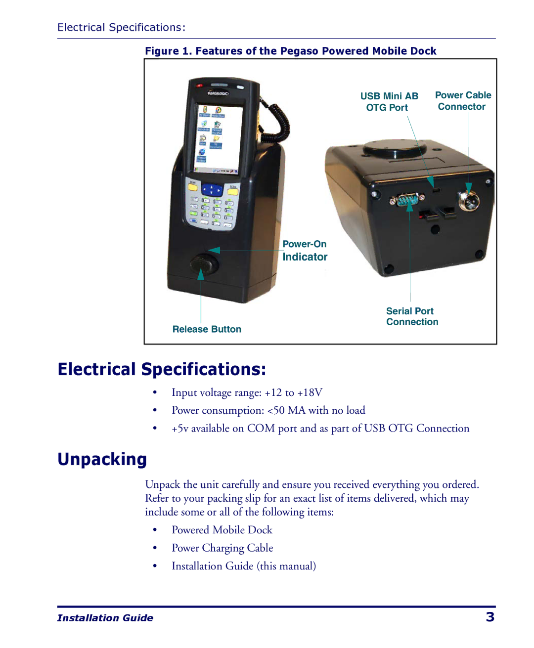 Datalogic Scanning Pegaso manual Electrical Specifications, Unpacking 