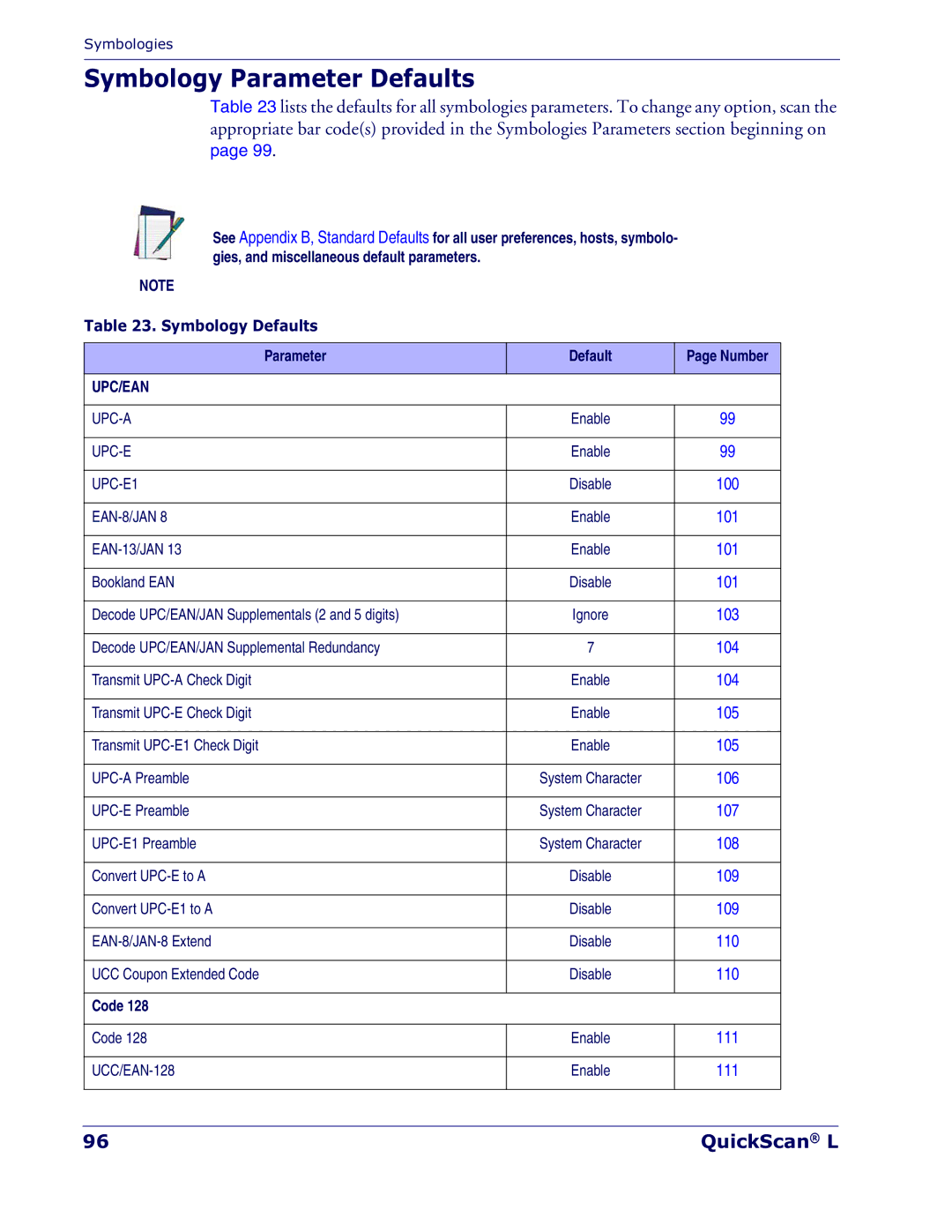 Datalogic Scanning QD 2300 manual Symbology Parameter Defaults, Symbology Defaults, Code 