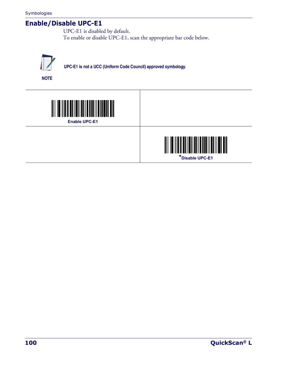 Datalogic Scanning QD 2300 Enable/Disable UPC-E1, QuickScan L, UPC-E1 is not a UCC Uniform Code Council approved symbology 