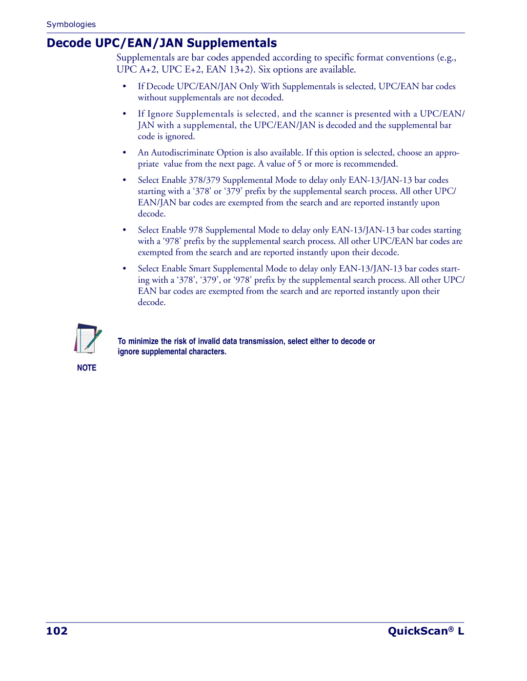 Datalogic Scanning QD 2300 manual Decode UPC/EAN/JAN Supplementals, QuickScan L 