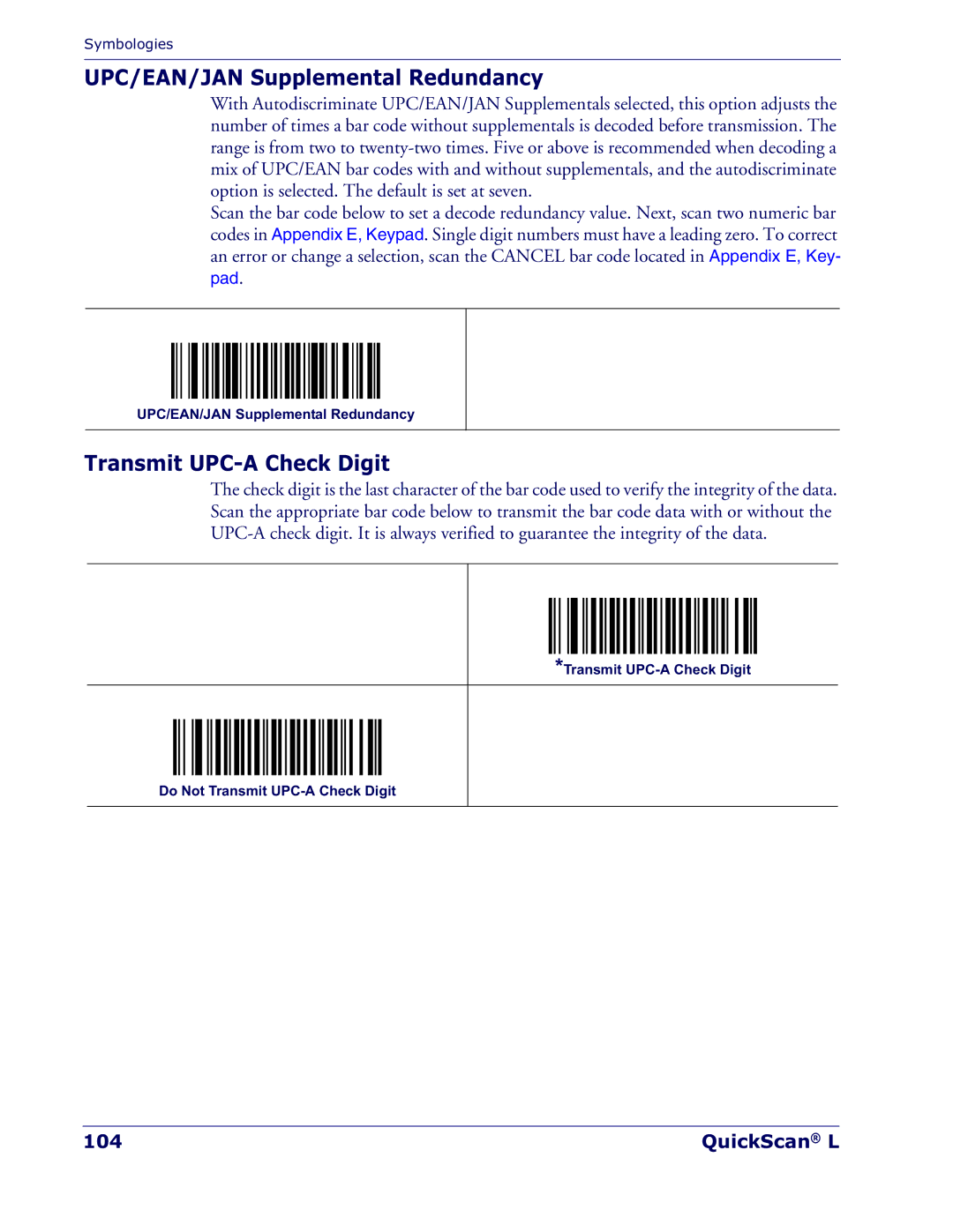 Datalogic Scanning QD 2300 manual UPC/EAN/JAN Supplemental Redundancy, Transmit UPC-A Check Digit, QuickScan L 