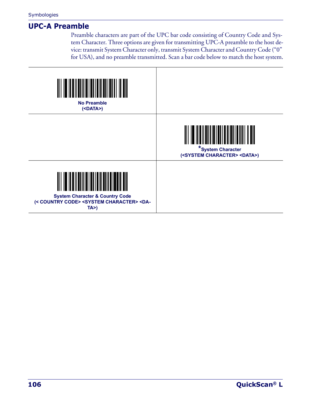 Datalogic Scanning QD 2300 manual UPC-A Preamble, QuickScan L 