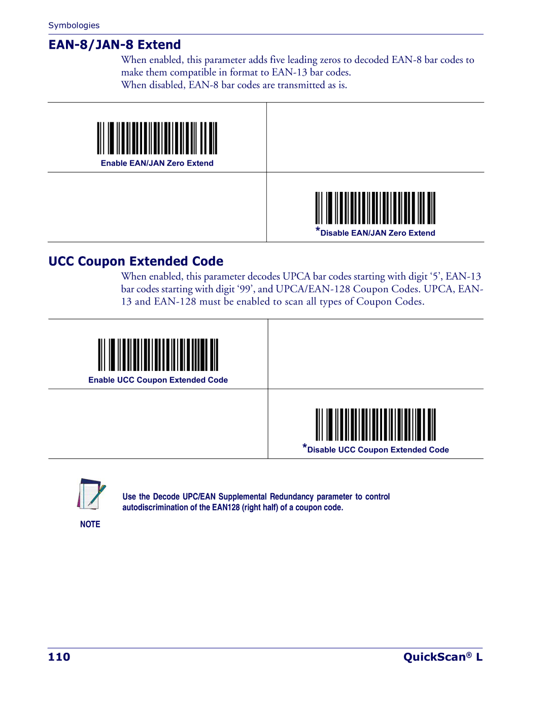 Datalogic Scanning QD 2300 manual EAN-8/JAN-8 Extend, UCC Coupon Extended Code, QuickScan L 