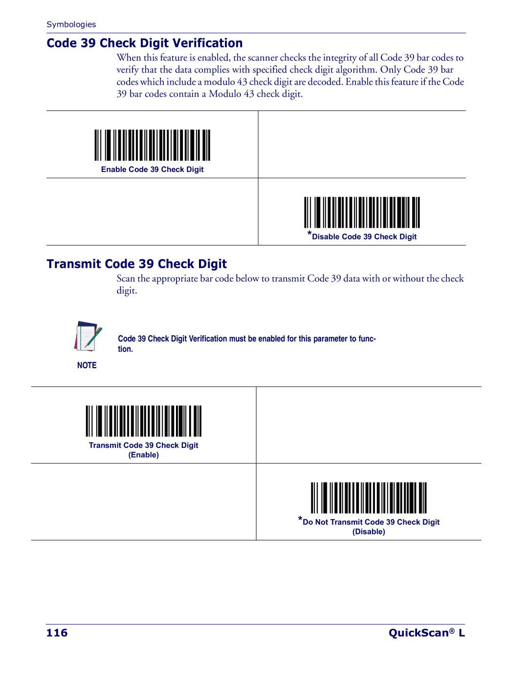 Datalogic Scanning QD 2300 manual Code 39 Check Digit Verification, Transmit Code 39 Check Digit, QuickScan L 