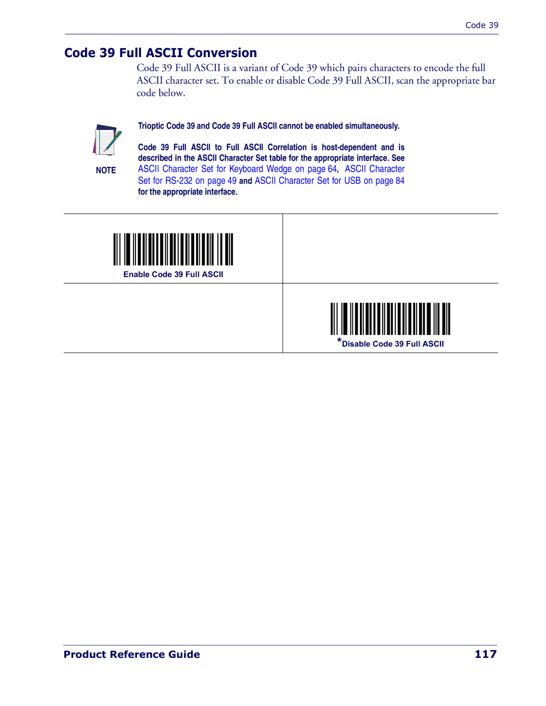 Datalogic Scanning QD 2300 manual Code 39 Full Ascii Conversion, 117, For the appropriate interface 