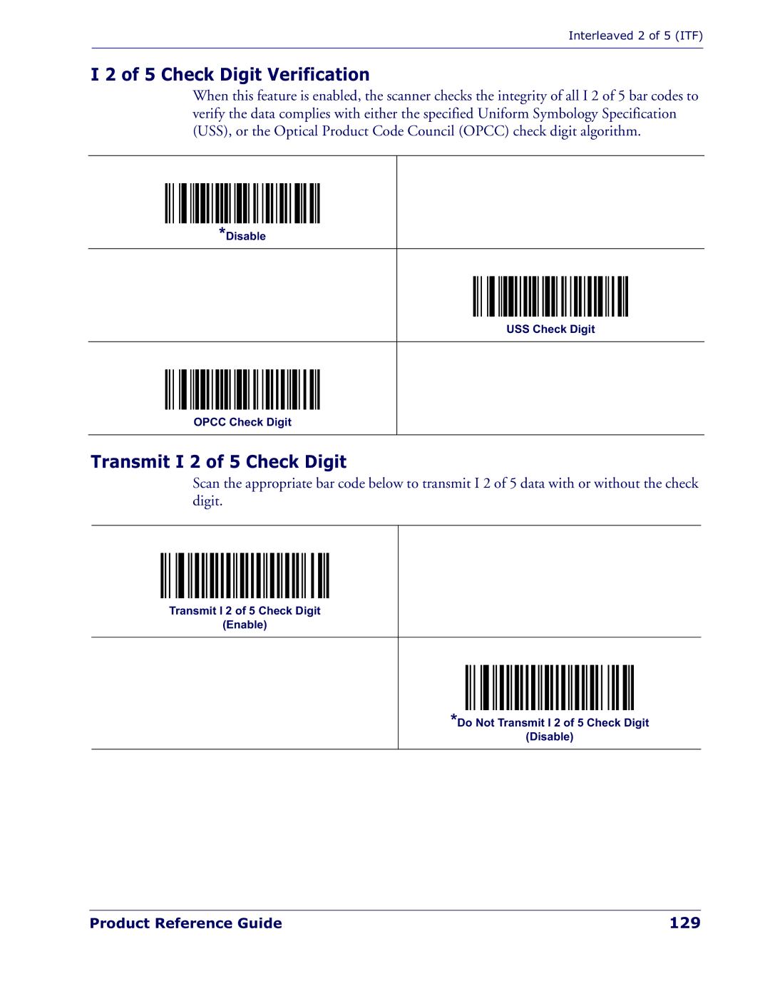 Datalogic Scanning QD 2300 manual Check Digit Verification, Transmit I 2 of 5 Check Digit, 129 