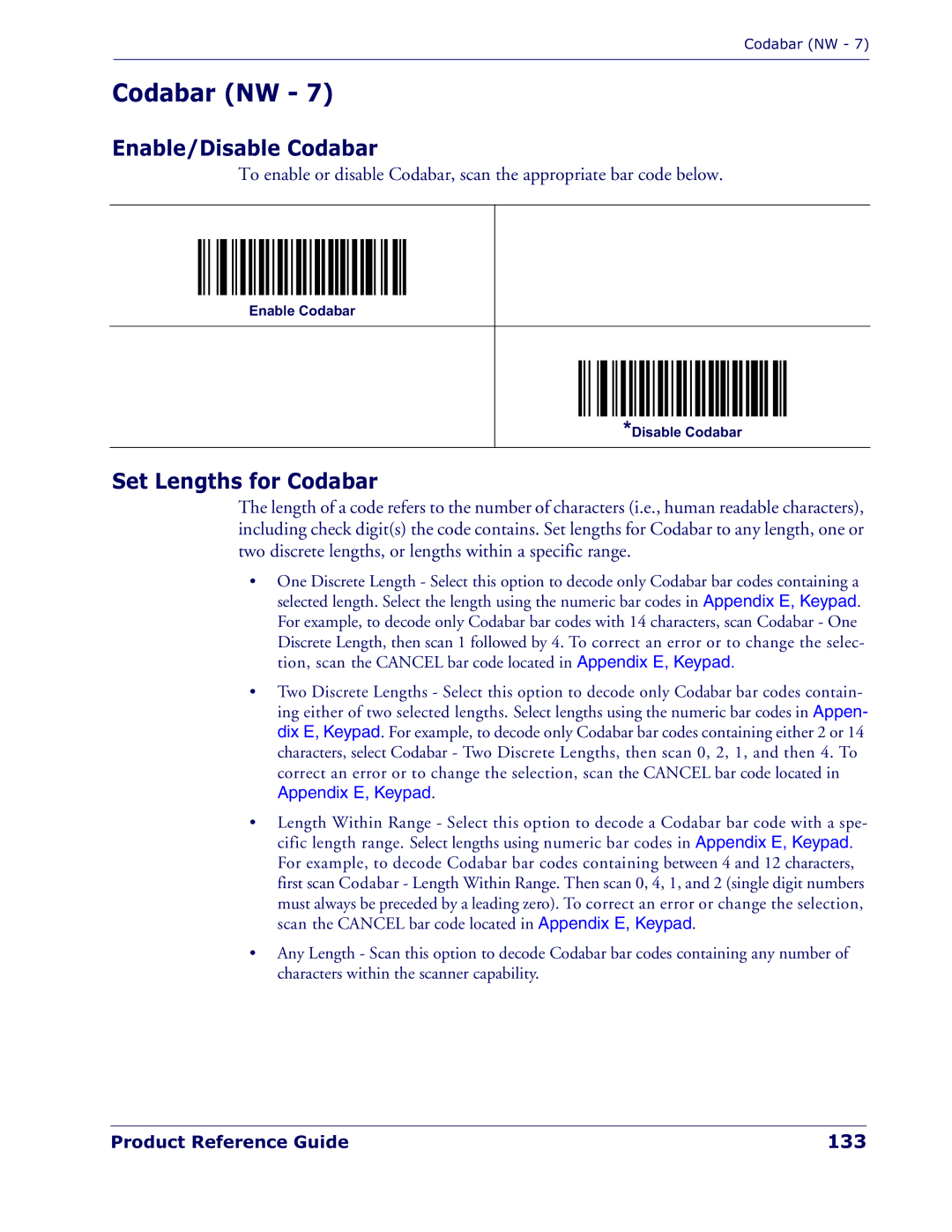 Datalogic Scanning QD 2300 manual Codabar NW, Enable/Disable Codabar, Set Lengths for Codabar, 133 