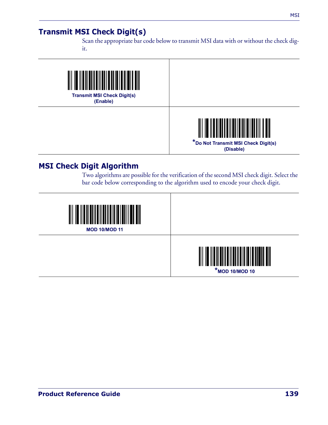 Datalogic Scanning QD 2300 manual Transmit MSI Check Digits, MSI Check Digit Algorithm, 139 