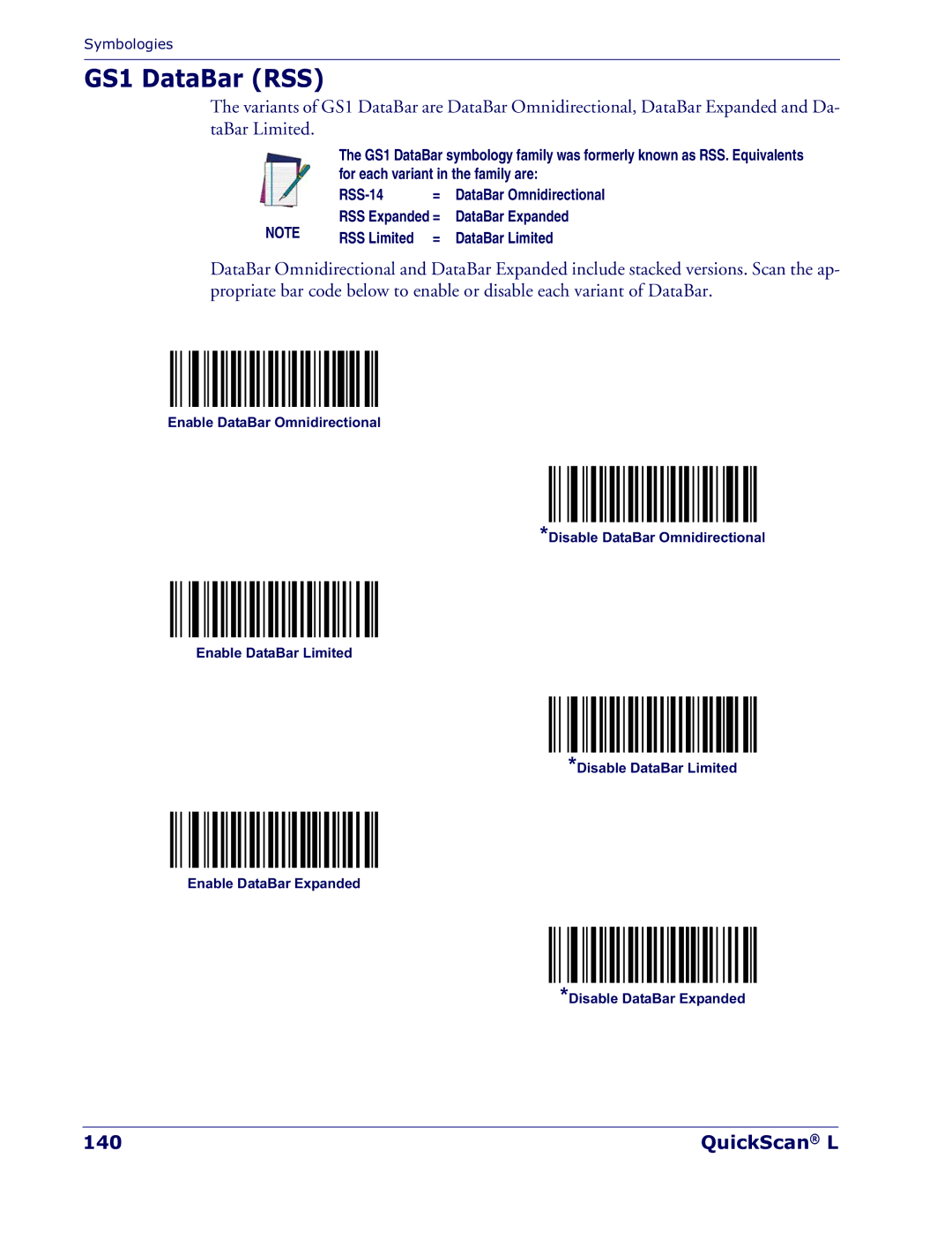 Datalogic Scanning QD 2300 manual GS1 DataBar RSS, QuickScan L, DataBar Expanded, DataBar Limited 