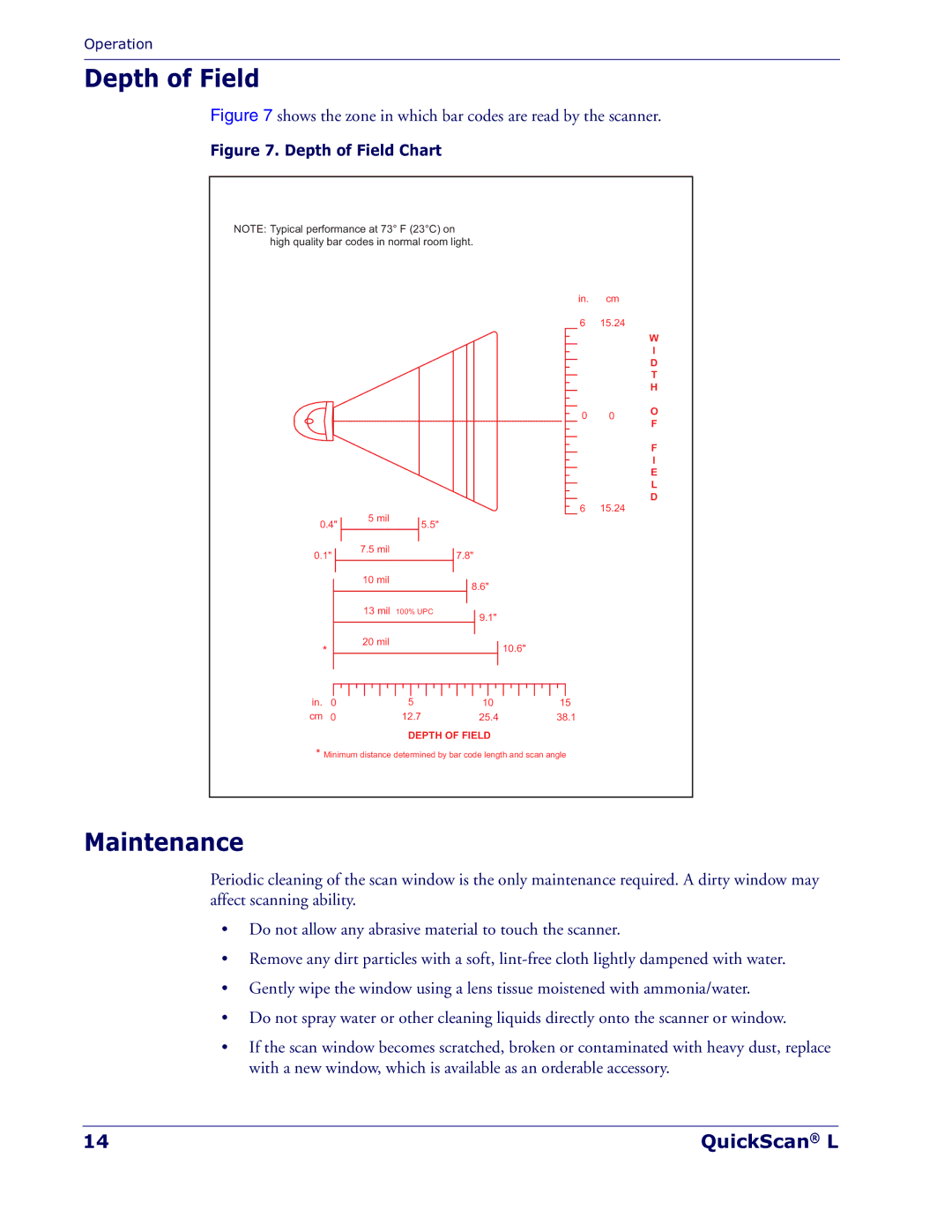 Datalogic Scanning QD 2300 manual Depth of Field, Maintenance 