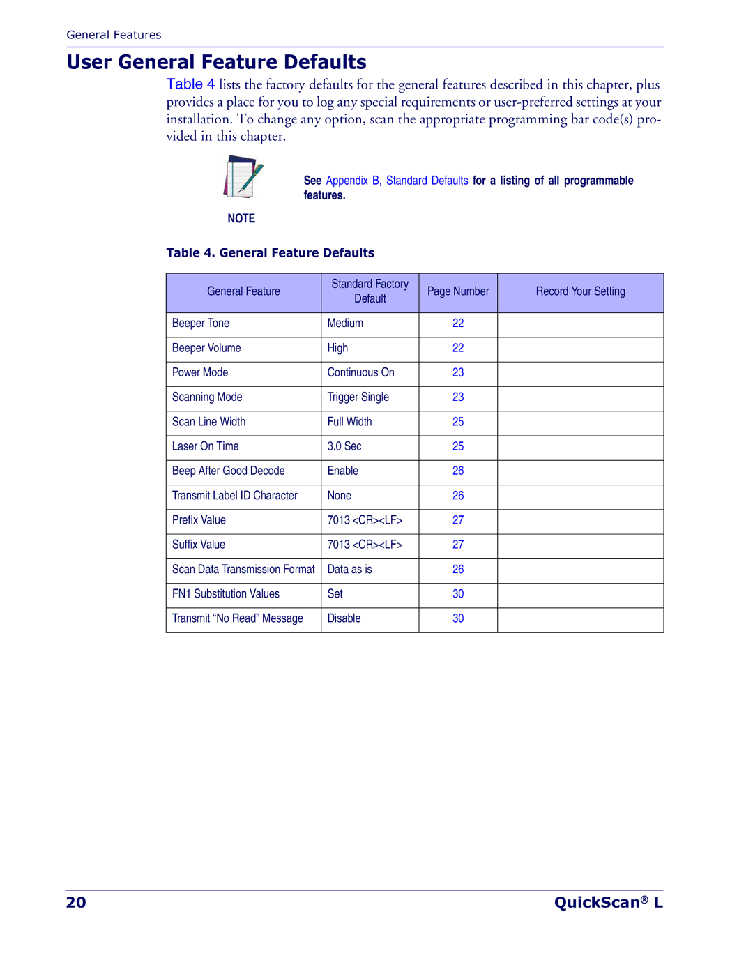 Datalogic Scanning QD 2300 manual User General Feature Defaults 