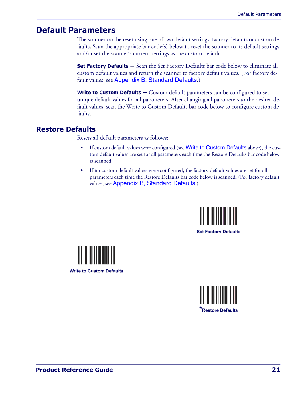 Datalogic Scanning QD 2300 manual Default Parameters, Restore Defaults 